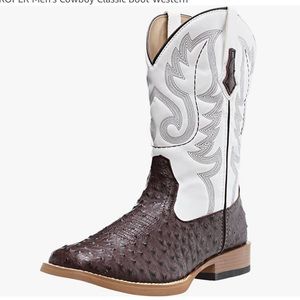 Roper Dark Brown Ostrich Print and White Square Toe Cowboy Boots